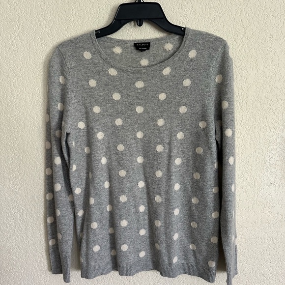 Talbots Cashmere Button Cuff Sweater Medium M Polka Dot Gray Pullover - Picture 2 of 6